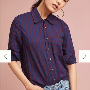 Anthropologie AMO Womens Ruffled Prep Shirt Striped Academia Size Medium FLAWED